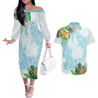 Polynesia Couples Matching Off The Shoulder Long Sleeve Dress and Hawaiian Shirt Sharks Duo Tropical Turquoise LT7 Turquoise - Polynesian Pride