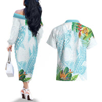Polynesia Couples Matching Off The Shoulder Long Sleeve Dress and Hawaiian Shirt Sharks Duo Tropical Turquoise LT7 - Polynesian Pride