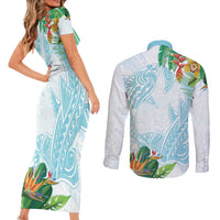 Polynesia Couples Matching Short Sleeve Bodycon Dress and Long Sleeve Button Shirt Sharks Duo Tropical Turquoise LT7 - Polynesian Pride