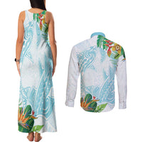 Polynesia Couples Matching Tank Maxi Dress and Long Sleeve Button Shirt Sharks Duo Tropical Turquoise