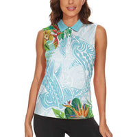 Polynesia Women Sleeveless Polo Shirt Sharks Duo Tropical Turquoise