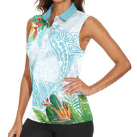 Polynesia Women Sleeveless Polo Shirt Sharks Duo Tropical Turquoise