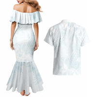 Polynesia Couples Matching Mermaid Dress and Hawaiian Shirt Sharks Duo Tropical Off White