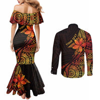 Niue Fakaalofa Atu Personalised Couples Matching Mermaid Dress and Long Sleeve Button Shirt Whale Hiapo Fiery Motif