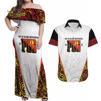 Personalized Papua New Guinea Couples Matching Off Shoulder Maxi Dress and Hawaiian Shirt Hapi De bilong Indipendens PNG
