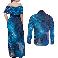 Aotearoa Taniko Matariki Couples Matching Off Shoulder Maxi Dress and Long Sleeve Button Shirt Cosmic Blue LT7 - Polynesian Pride