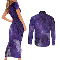 Aotearoa Taniko Matariki Couples Matching Short Sleeve Bodycon Dress and Long Sleeve Button Shirt Cosmic Violet LT7 - Polynesian Pride