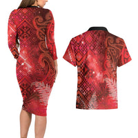 Aotearoa Taniko Matariki Couples Matching Long Sleeve Bodycon Dress and Hawaiian Shirt Cosmic Red