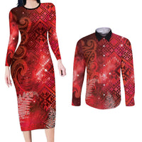 Aotearoa Taniko Matariki Couples Matching Long Sleeve Bodycon Dress and Long Sleeve Button Shirt Cosmic Red LT7 Red - Polynesian Pride