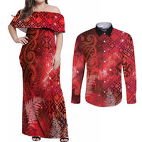 Aotearoa Taniko Matariki Couples Matching Off Shoulder Maxi Dress and Long Sleeve Button Shirt Cosmic Red