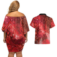 Aotearoa Taniko Matariki Couples Matching Off Shoulder Short Dress and Hawaiian Shirt Cosmic Red LT7 - Polynesian Pride