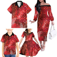 Aotearoa Taniko Matariki Family Matching Off The Shoulder Long Sleeve Dress and Hawaiian Shirt Cosmic Red