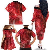 Aotearoa Taniko Matariki Family Matching Off The Shoulder Long Sleeve Dress and Hawaiian Shirt Cosmic Red