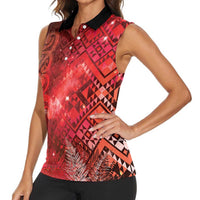 Aotearoa Taniko Matariki Women Sleeveless Polo Shirt Cosmic Red LT7 - Polynesian Pride