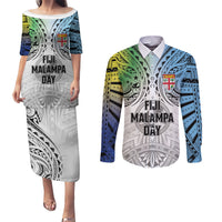 Malampa Fiji Day Couples Matching Puletasi and Long Sleeve Button Shirt Gradient Style