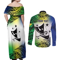 Malampa Day Couples Matching Off Shoulder Maxi Dress and Long Sleeve Button Shirt Emblem Gradient Style