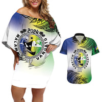 Malampa Day Couples Matching Off Shoulder Short Dress and Hawaiian Shirt Emblem Gradient Style