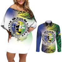 Malampa Day Couples Matching Off Shoulder Short Dress and Long Sleeve Button Shirt Emblem Gradient Style