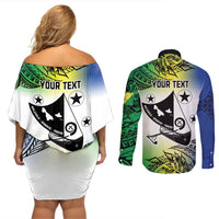 Malampa Day Couples Matching Off Shoulder Short Dress and Long Sleeve Button Shirt Emblem Gradient Style