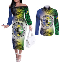 Malampa Day Couples Matching Off The Shoulder Long Sleeve Dress and Long Sleeve Button Shirt Emblem Gradient Style