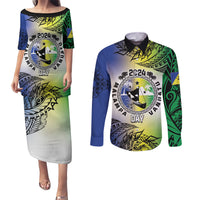 Malampa Day Couples Matching Puletasi and Long Sleeve Button Shirt Emblem Gradient Style