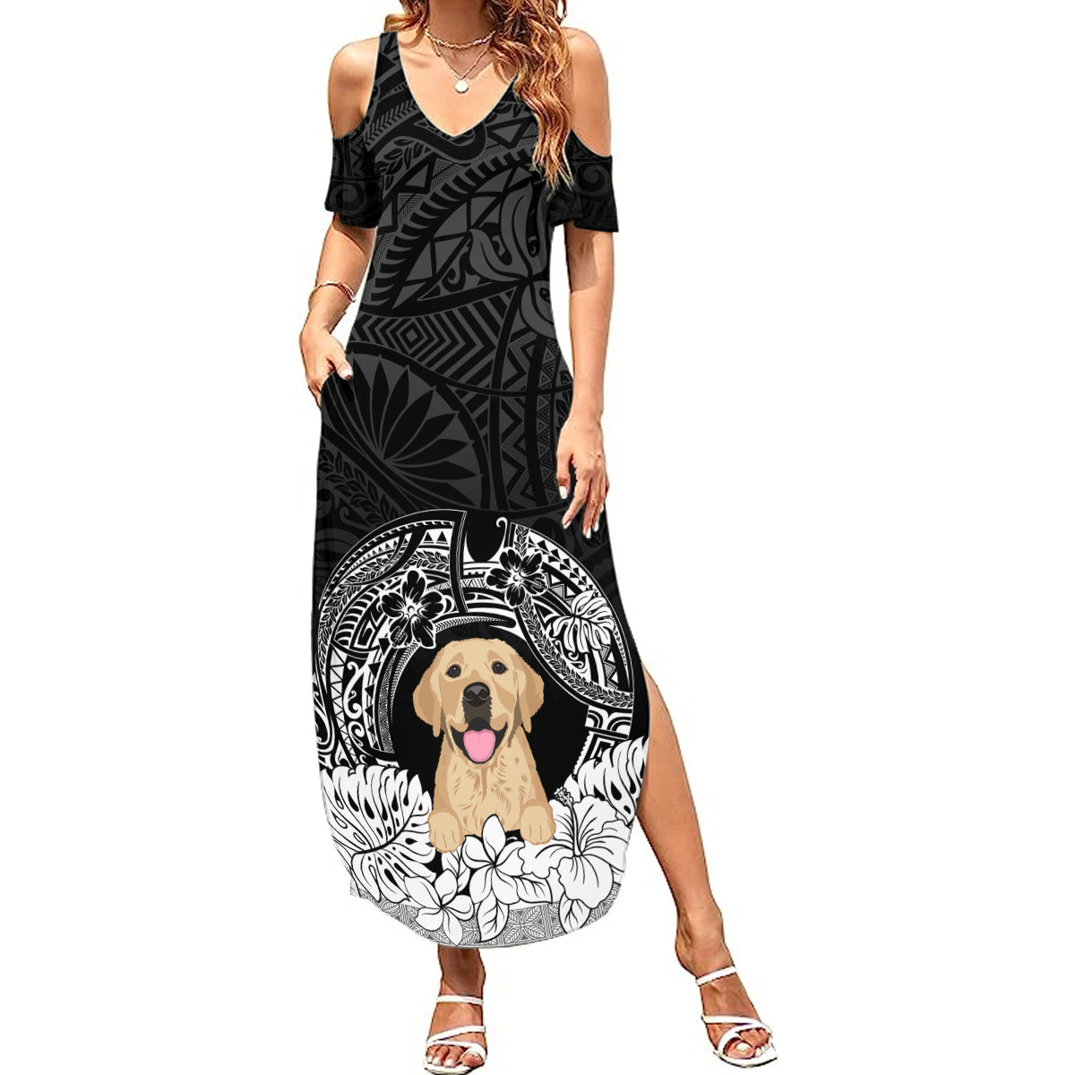 Personalised Dog Summer Maxi Dress Golden Retriever With Polynesian Tapa Arch LT7 Women Black - Polynesian Pride