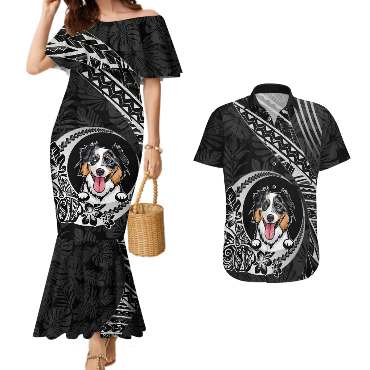 Personalised Polynesian Dog Couples Matching Mermaid Dress And Hawaiian Shirt With Australian Shepherd - Crescent Style LT7 Black - Polynesian Pride