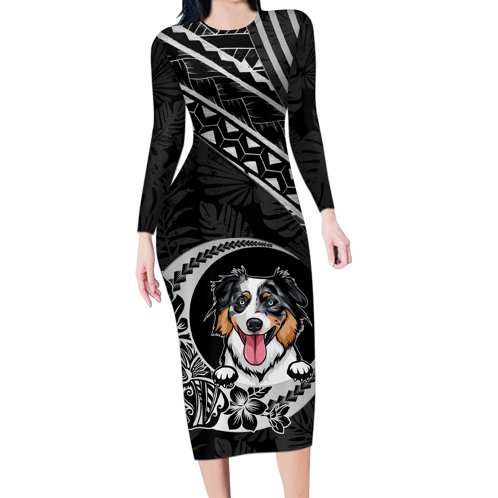 Personalised Polynesian Dog Long Sleeve Bodycon Dress With Australian Shepherd - Crescent Style LT7 Long Dress Black - Polynesian Pride
