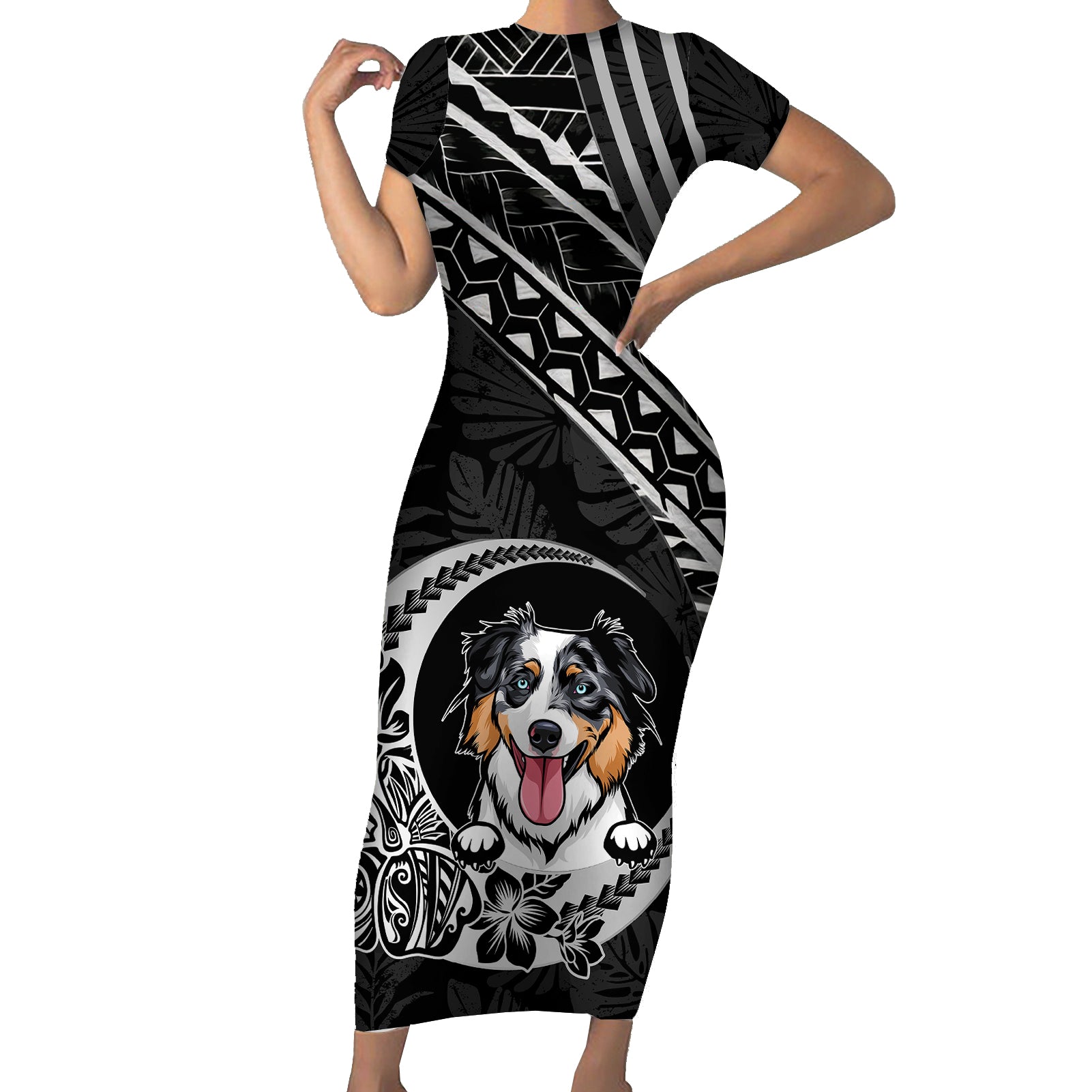 Personalised Polynesian Dog Short Sleeve Bodycon Dress With Australian Shepherd - Crescent Style LT7 Long Dress Black - Polynesian Pride
