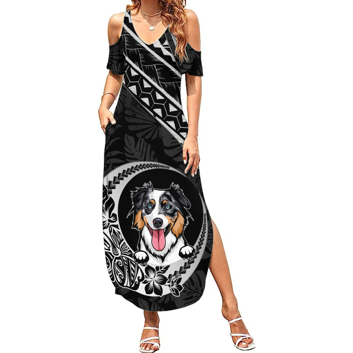 Personalised Polynesian Dog Summer Maxi Dress With Australian Shepherd - Crescent Style LT7 Women Black - Polynesian Pride