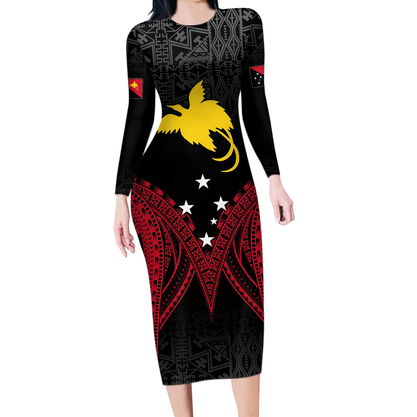 Personalised PNG Long Sleeve Bodycon Dress Papua Motuan Mirror Style LT7 Long Dress Black - Polynesian Pride