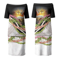 Hawaii Mokihana Mix Pikake Leis Mahalo 'Olelo Couples Matching Puletasi and Long Sleeve Button Shirt Black