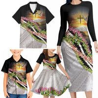 Hawaii Mokihana Mix Pikake Leis Mahalo 'Olelo Family Matching Long Sleeve Bodycon Dress and Hawaiian Shirt Black