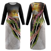 Hawaii Mokihana Mix Pikake Leis Mahalo 'Olelo Family Matching Long Sleeve Bodycon Dress and Hawaiian Shirt Black