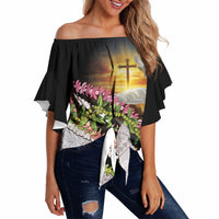 Hawaii Mokihana Mix Pikake Leis Mahalo 'Olelo Off Shoulder Wrap Waist Top Black
