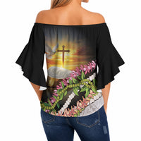 Hawaii Mokihana Mix Pikake Leis Mahalo 'Olelo Off Shoulder Wrap Waist Top Black