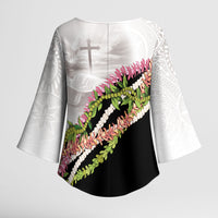 Hawaii Mokihana Mix Pikake Leis Mahalo 'Olelo Kimono Sleeve Blouse White Tapa