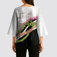 Hawaii Mokihana Mix Pikake Leis Mahalo 'Olelo Kimono Sleeve Blouse White Tapa