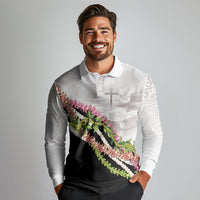 Hawaii Mokihana Mix Pikake Leis Mahalo 'Olelo Long Sleeve Polo Shirt White Tapa