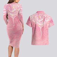 Breast Cancer Awareness Maori Aotearoa Couples Matching Long Sleeve Bodycon Dress and Hawaiian Shirt Manta Ray - Pink Glaze - Polynesian Pride