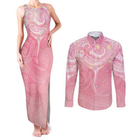 Breast Cancer Awareness Maori Aotearoa Couples Matching Tank Maxi Dress and Long Sleeve Button Shirt Manta Ray - Pink Glaze - Polynesian Pride