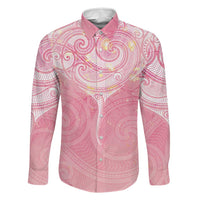Breast Cancer Awareness Maori Aotearoa Family Matching Off The Shoulder Long Sleeve Dress and Hawaiian Shirt Manta Ray - Pink Glaze LT7 Dad's Shirt - Long Sleeve Pink - Polynesian Pride
