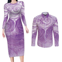 Epilepsy Awareness Maori Aotearoa Couples Matching Long Sleeve Bodycon Dress and Long Sleeve Button Shirt Manta Ray - Purple Glaze - Polynesian Pride