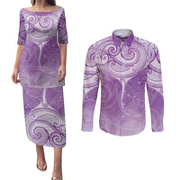 Epilepsy Awareness Maori Aotearoa Couples Matching Puletasi and Long Sleeve Button Shirt Manta Ray - Purple Glaze - Polynesian Pride