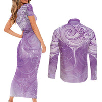 Epilepsy Awareness Maori Aotearoa Couples Matching Short Sleeve Bodycon Dress and Long Sleeve Button Shirt Manta Ray - Purple Glaze - Polynesian Pride