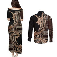 Samoa Siapo Mamanu Couples Matching Puletasi and Long Sleeve Button Shirt Plumeria Black Motifs LT7 - Polynesian Pride