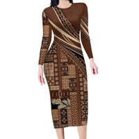 Pasifika Women's Day - Samoa Siapo Malu Tattoo Inspired Long Sleeve Bodycon Dress Brown