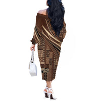 Pasifika Women's Day - Samoa Siapo Malu Tattoo Inspired Off The Shoulder Long Sleeve Dress Brown