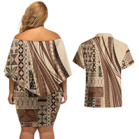 Pasifika Women's Day - Samoa Siapo Malu Tattoo Inspired Couples Matching Off Shoulder Short Dress and Hawaiian Shirt Beige