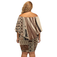 Pasifika Women's Day - Samoa Siapo Malu Tattoo Inspired Family Matching Off Shoulder Short Dress and Hawaiian Shirt Beige